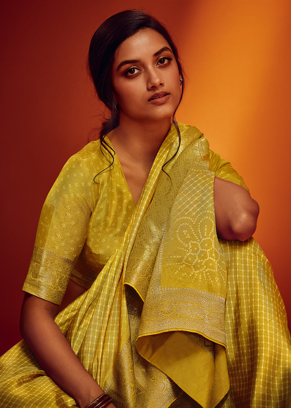 Straw Yellow Designer Saree in Woven Viscose Silk with Digital Prints