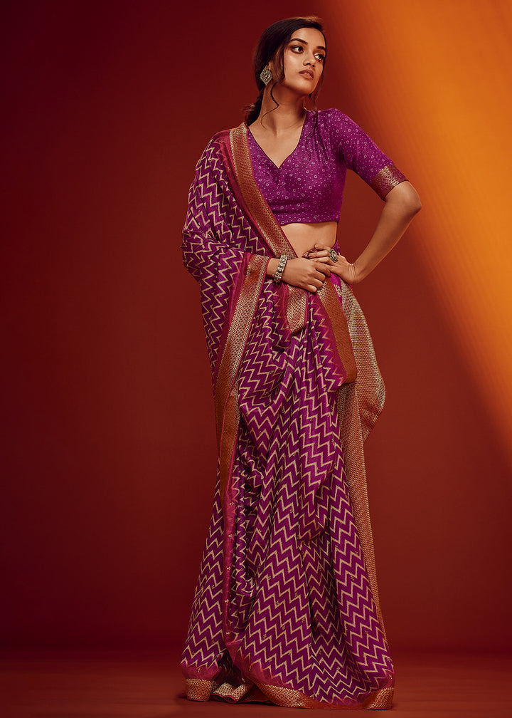 Orchid Purple Digital Printed Saree in Woven Viscose Silk Fabric