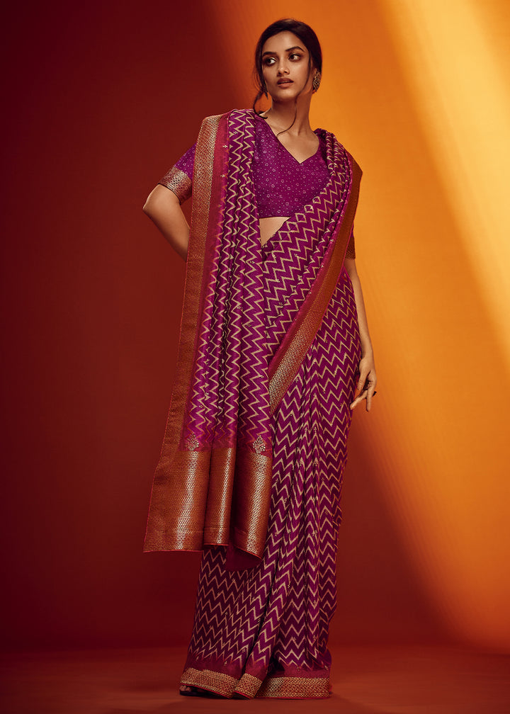 Orchid Purple Digital Printed Saree in Woven Viscose Silk Fabric