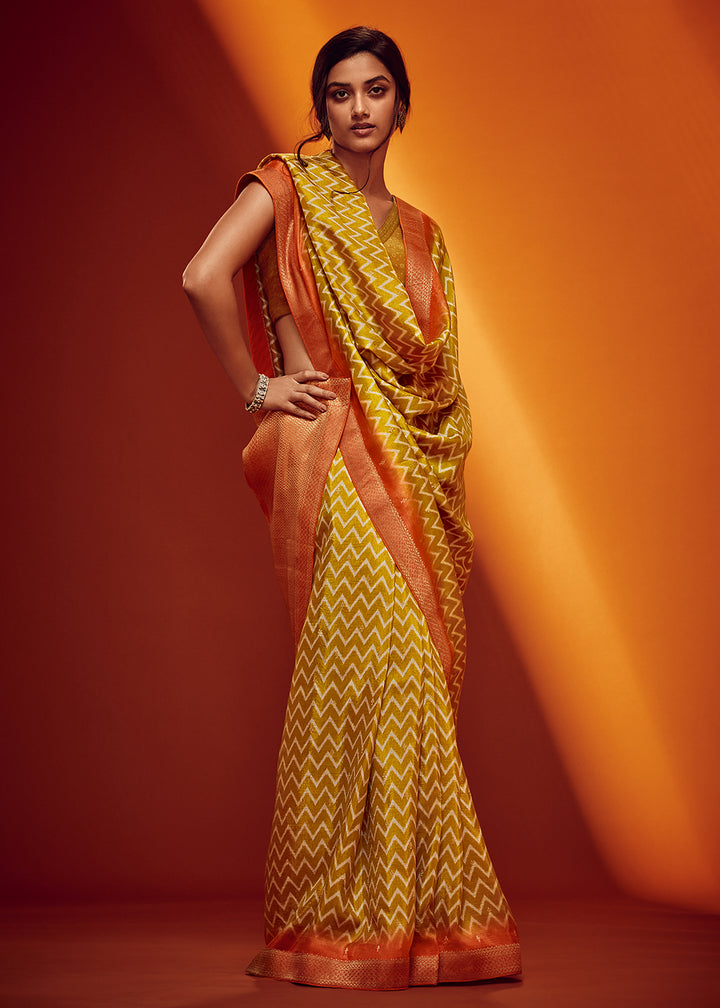 Mustard Yellow Digital Printed Saree in Woven Viscose Silk Fabric