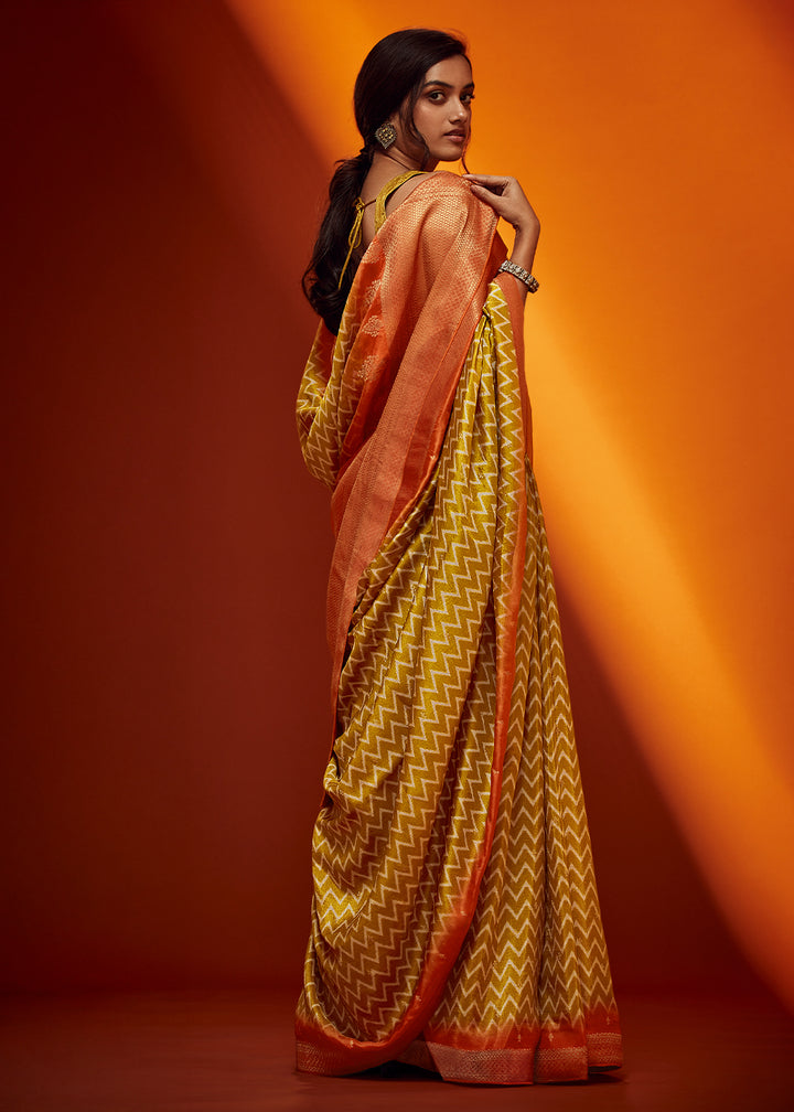 Mustard Yellow Digital Printed Saree in Woven Viscose Silk Fabric