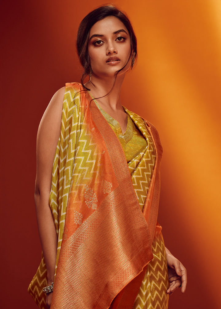 Mustard Yellow Digital Printed Saree in Woven Viscose Silk Fabric