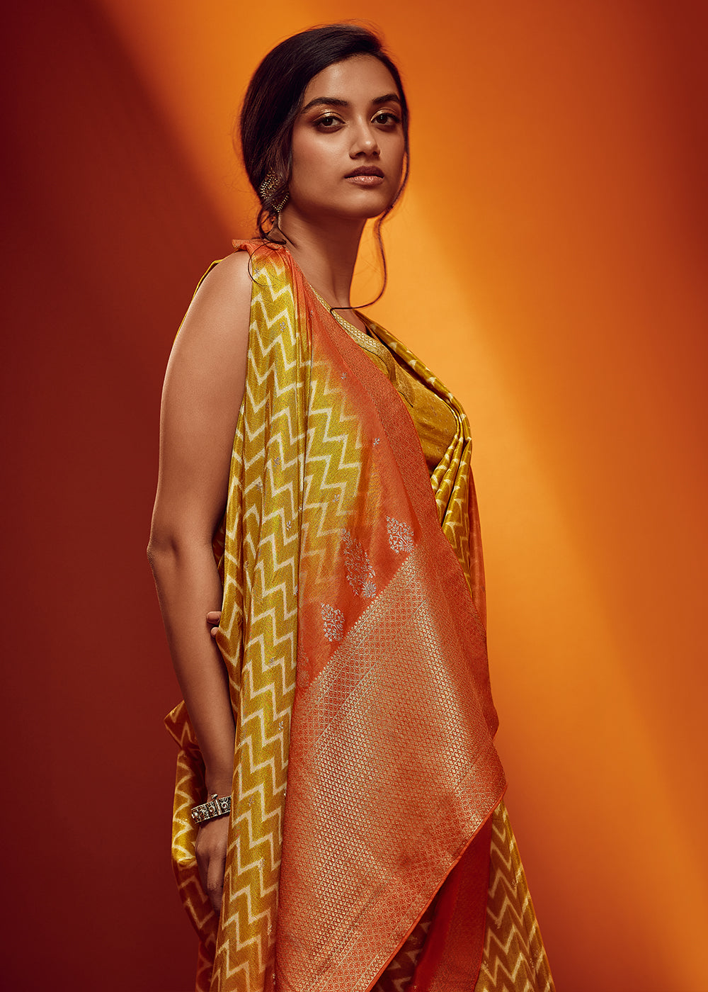 Mustard Yellow Digital Printed Saree in Woven Viscose Silk Fabric