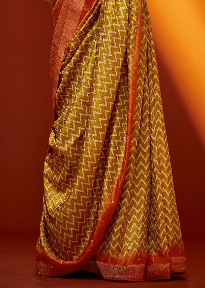 Mustard Yellow Digital Printed Saree in Woven Viscose Silk Fabric