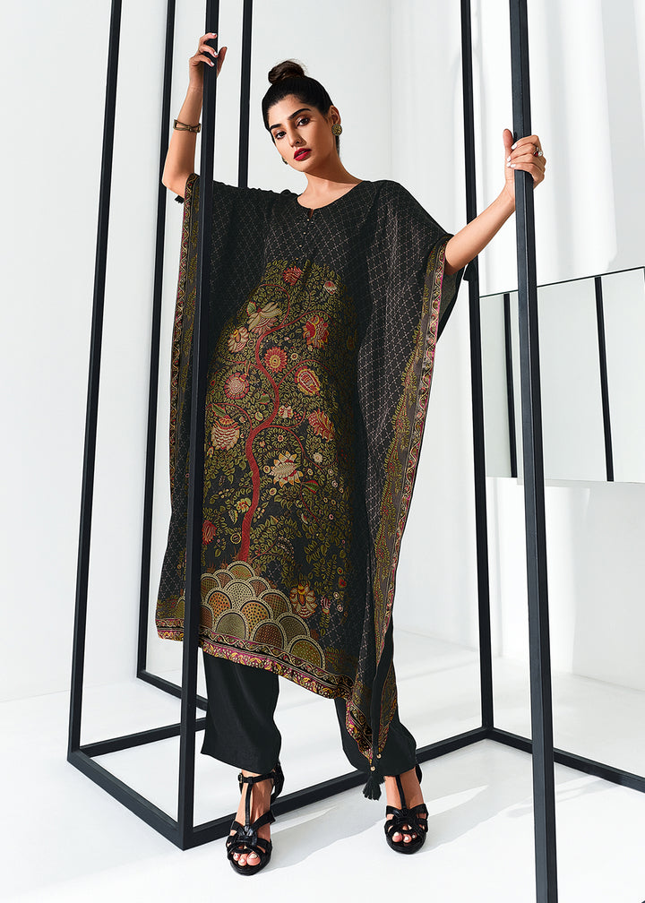 Midnight Black Gaji Silk Kaftan Set with Floral Digital Prints