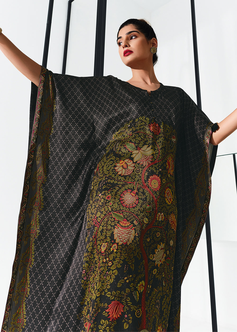 Midnight Black Gaji Silk Kaftan Set with Floral Digital Prints