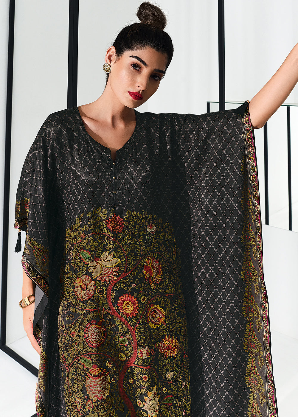 Midnight Black Gaji Silk Kaftan Set with Floral Digital Prints