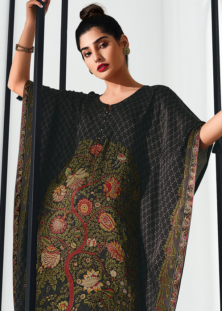 Midnight Black Gaji Silk Kaftan Set with Floral Digital Prints