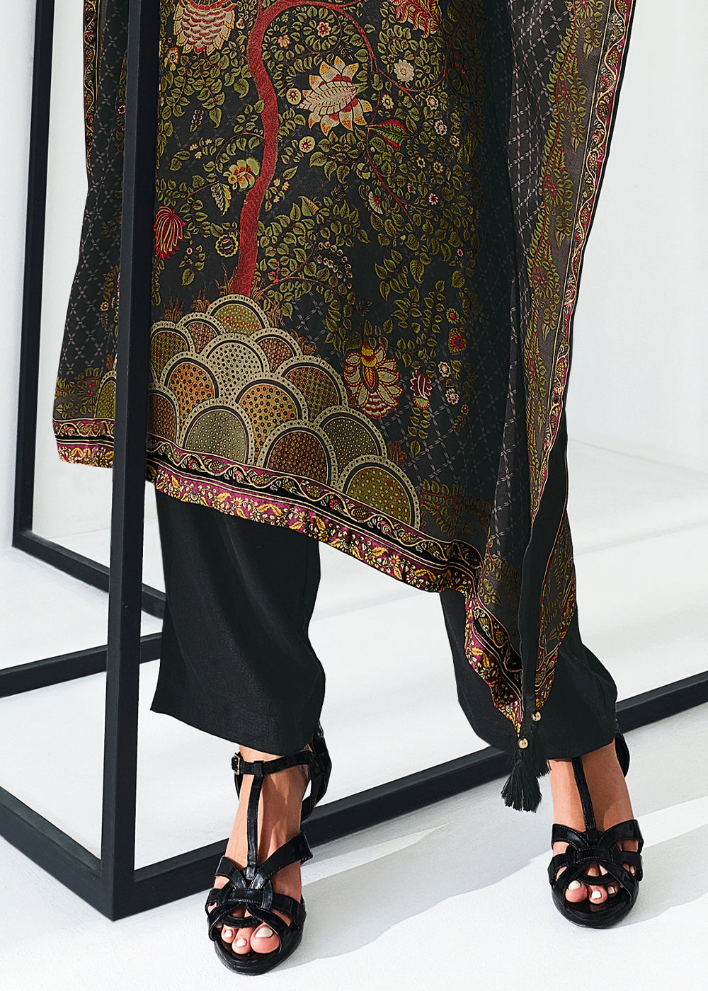 Midnight Black Gaji Silk Kaftan Set with Floral Digital Prints