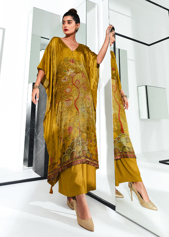 Mustard Yellow Gaji Silk Kaftan Set with Floral Digital Prints