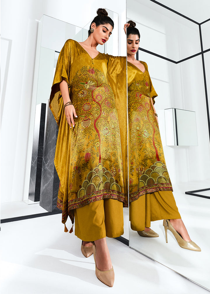 Mustard Yellow Gaji Silk Kaftan Set with Floral Digital Prints