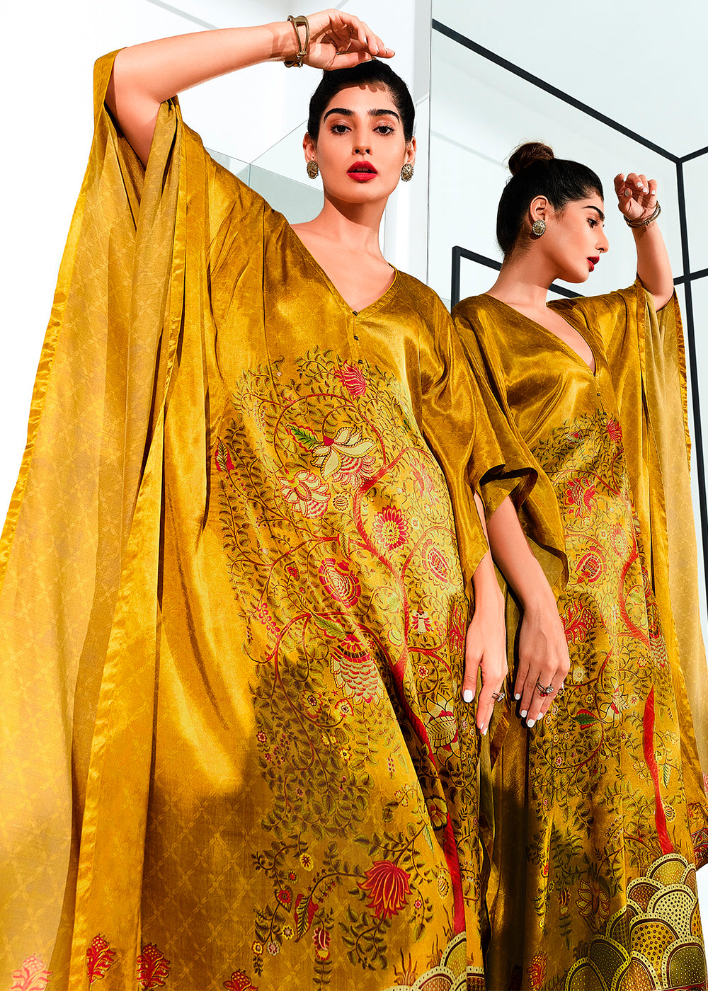 Mustard Yellow Gaji Silk Kaftan Set with Floral Digital Prints