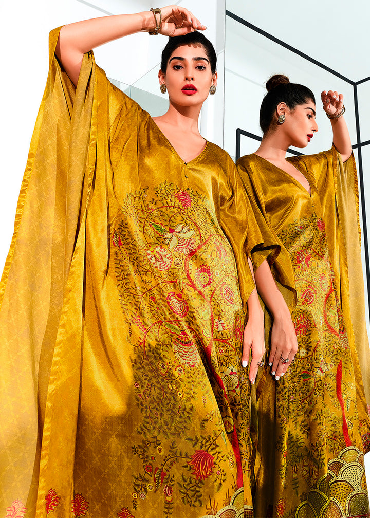 Mustard Yellow Gaji Silk Kaftan Set with Floral Digital Prints