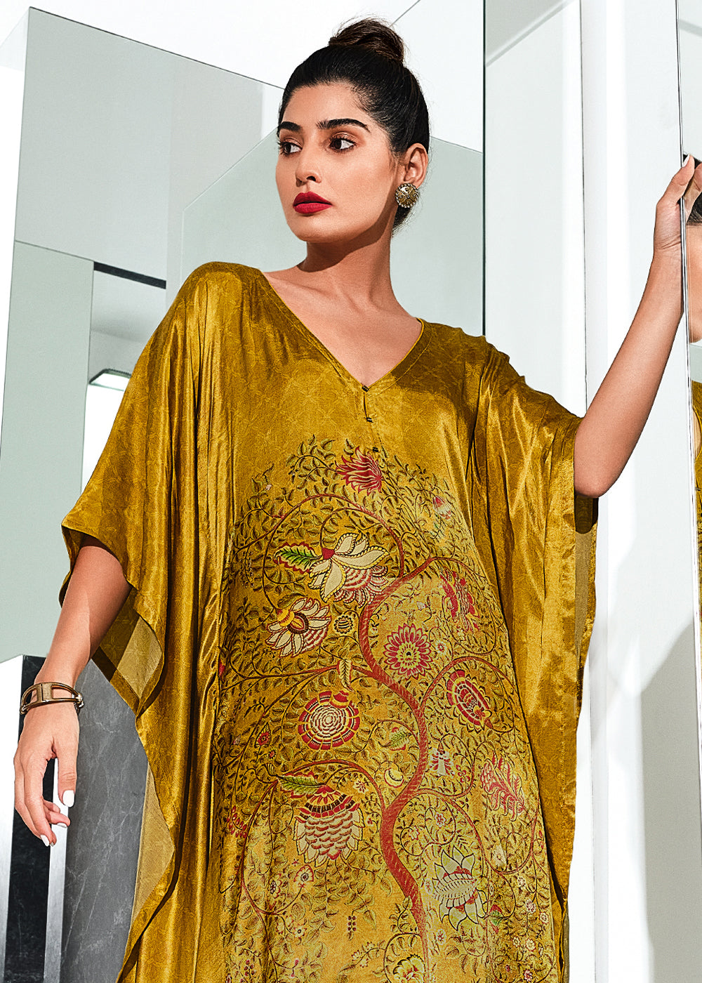 Mustard Yellow Gaji Silk Kaftan Set with Floral Digital Prints