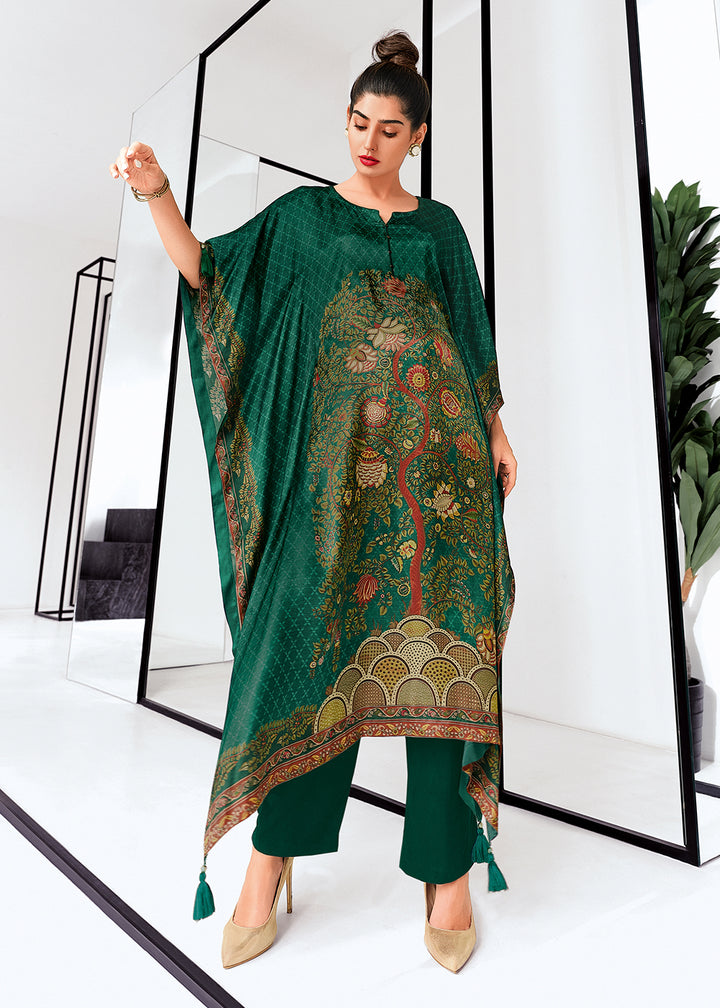 Arabian Green Gaji Silk Kaftan Set with Floral Digital Prints