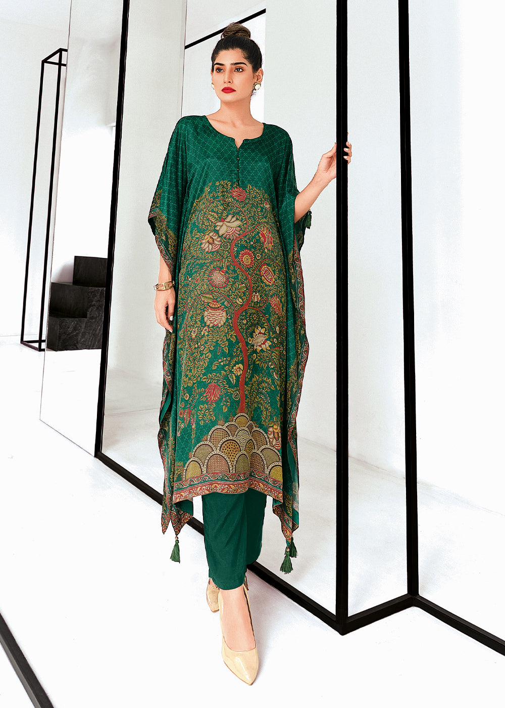 Arabian Green Gaji Silk Kaftan Set with Floral Digital Prints