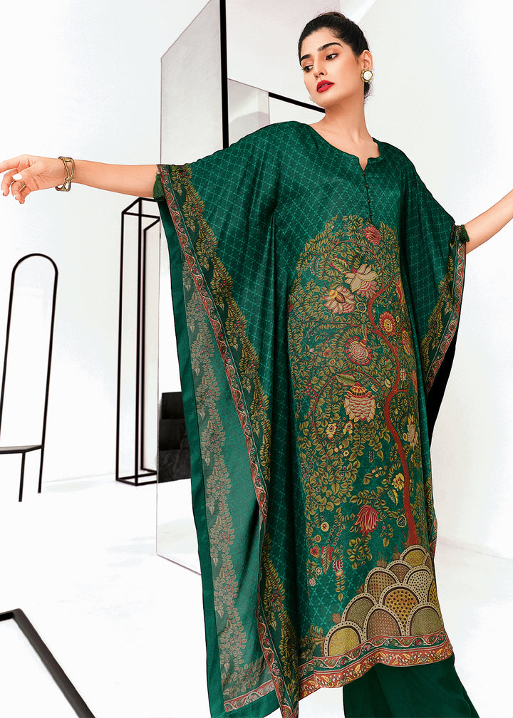 Arabian Green Gaji Silk Kaftan Set with Floral Digital Prints