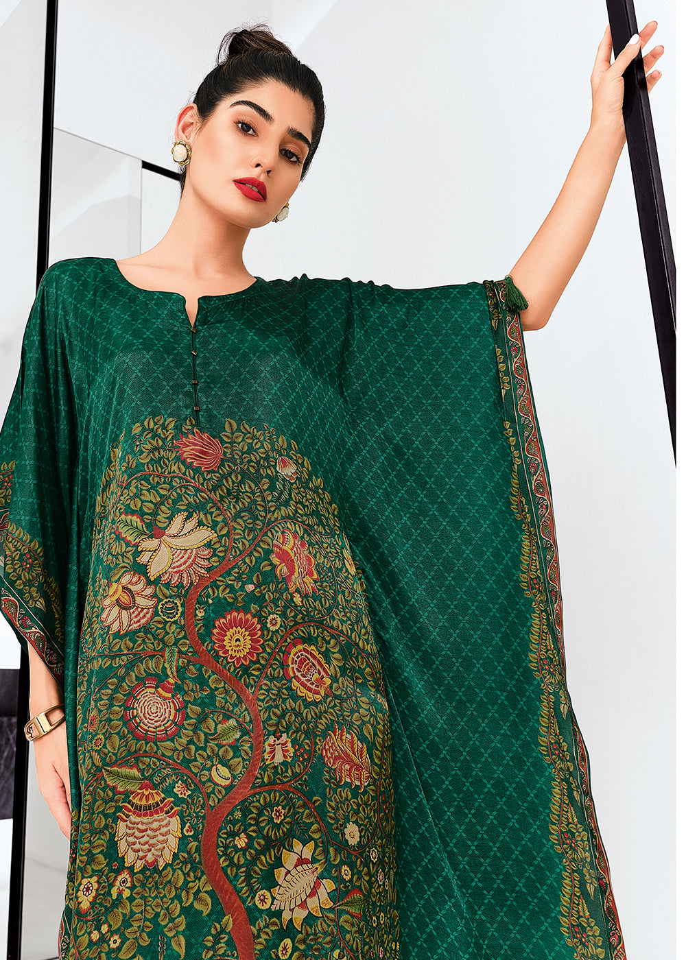 Arabian Green Gaji Silk Kaftan Set with Floral Digital Prints