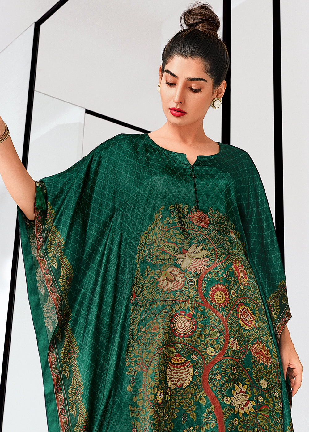 Arabian Green Gaji Silk Kaftan Set with Floral Digital Prints