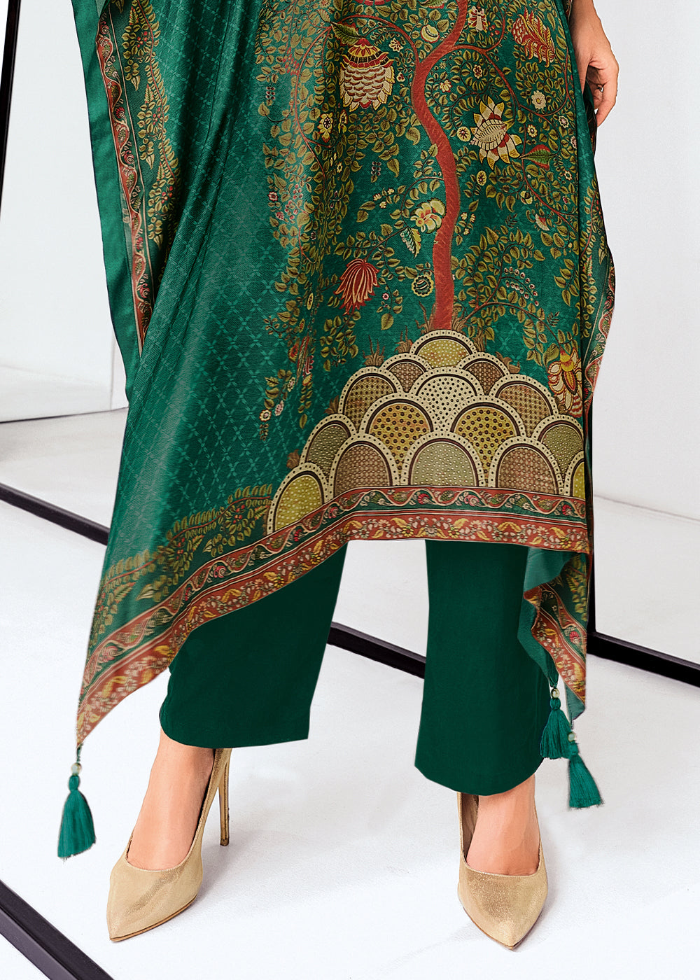 Arabian Green Gaji Silk Kaftan Set with Floral Digital Prints