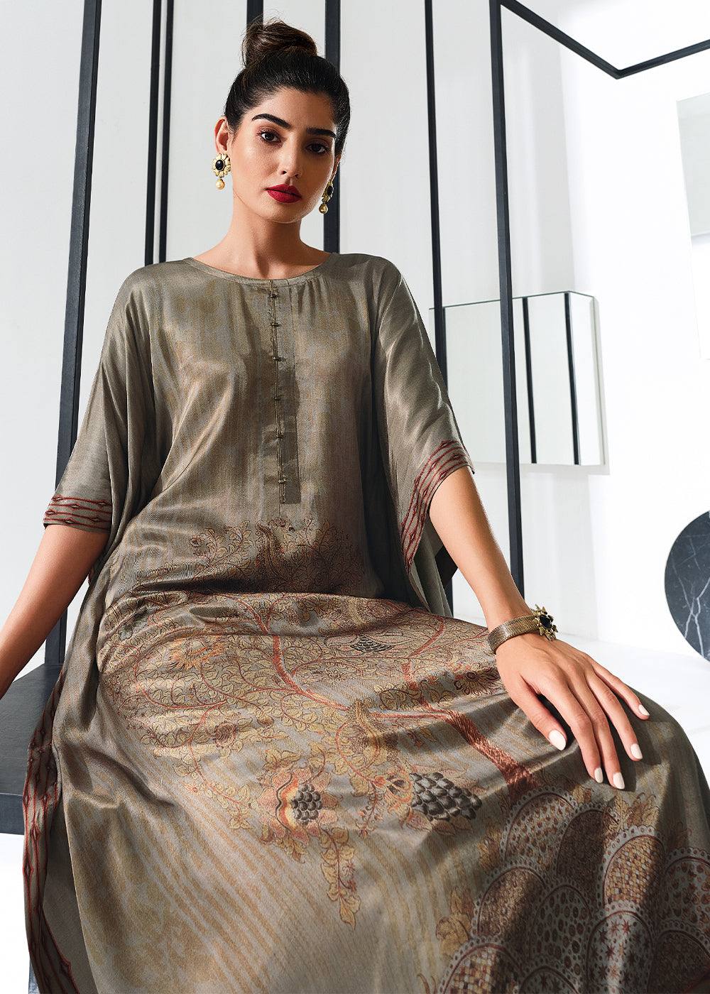 Trout Grey Gaji Silk Kaftan Set with Floral Digital Prints