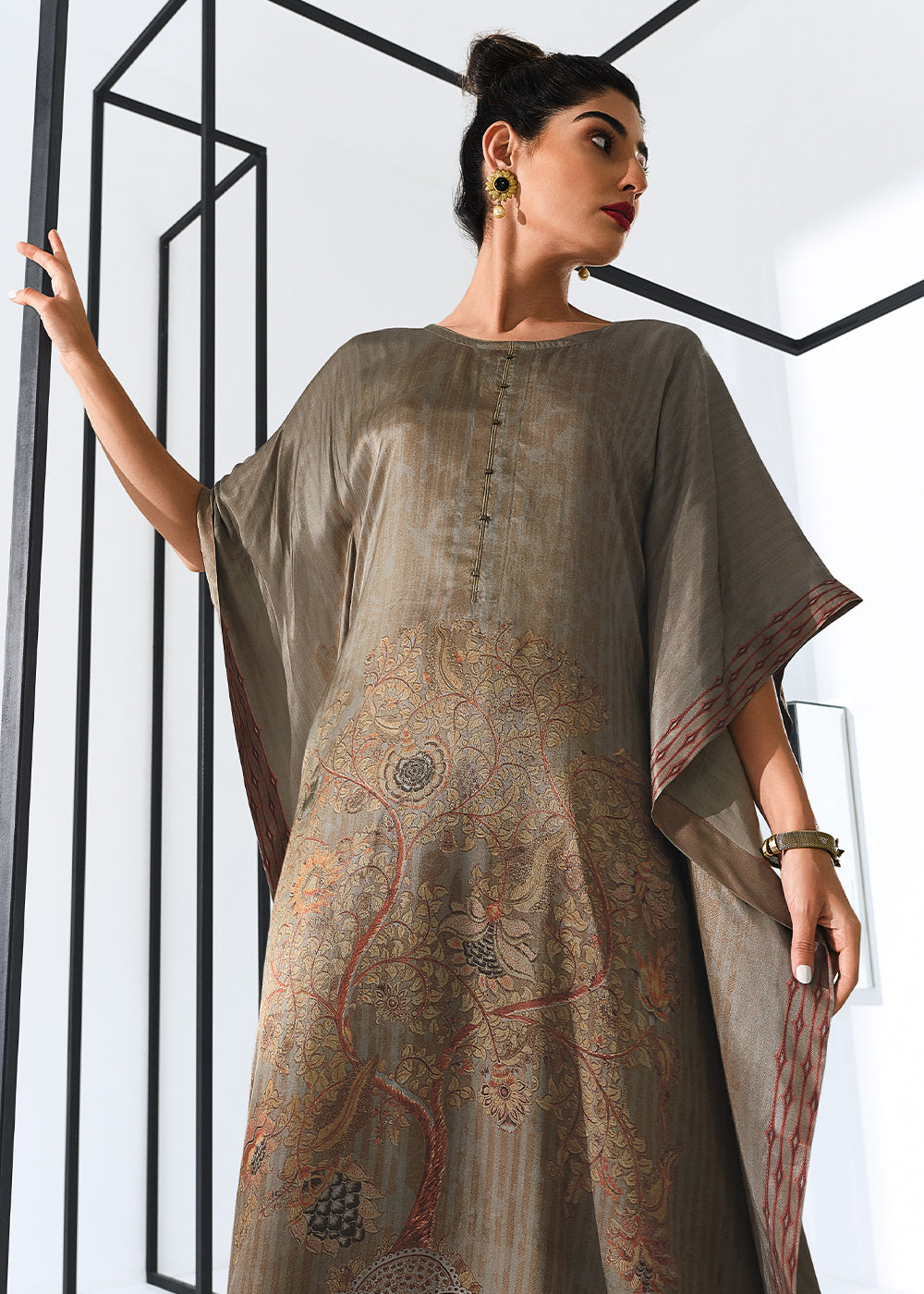 Trout Grey Gaji Silk Kaftan Set with Floral Digital Prints