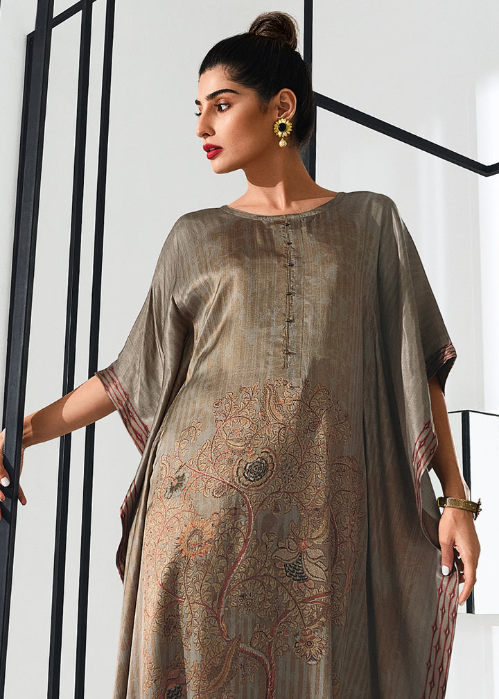 Trout Grey Gaji Silk Kaftan Set with Floral Digital Prints