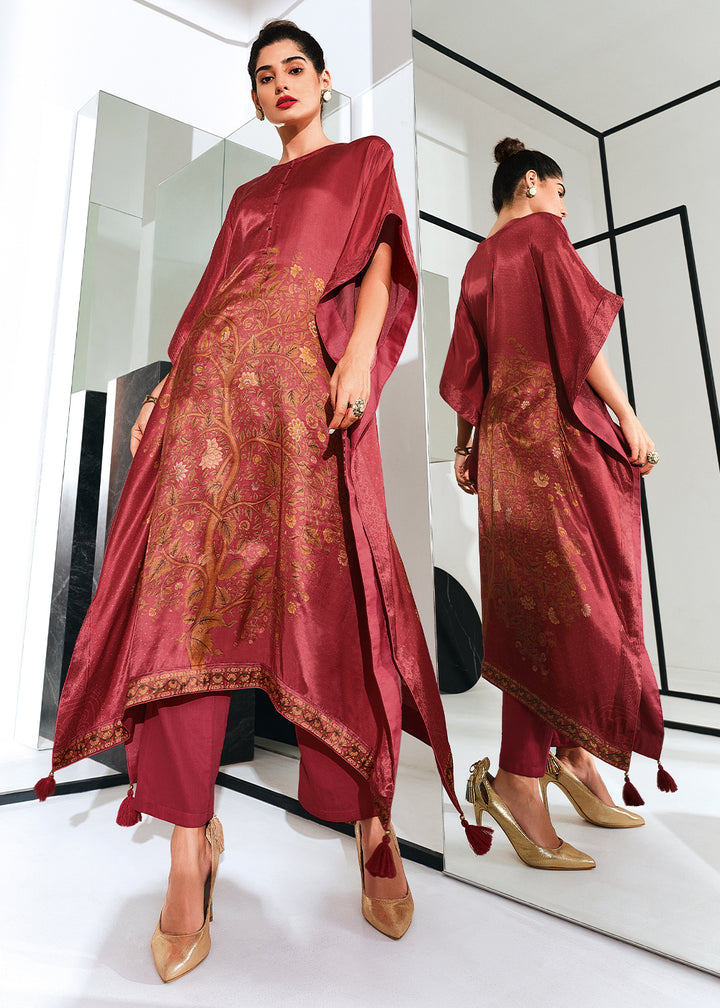 Crayola Reddish Pink Gaji Silk Kaftan Set with Floral Digital Prints