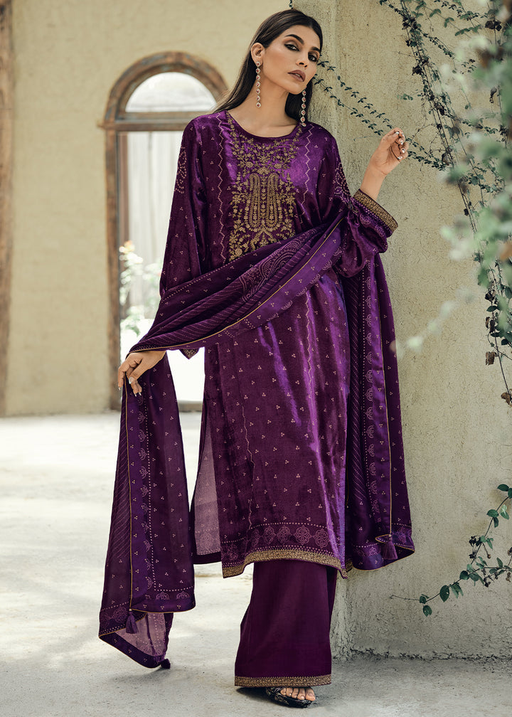 Indigo Purple Digital Bandhani Printed Velvet Suit Featuring Embroidery