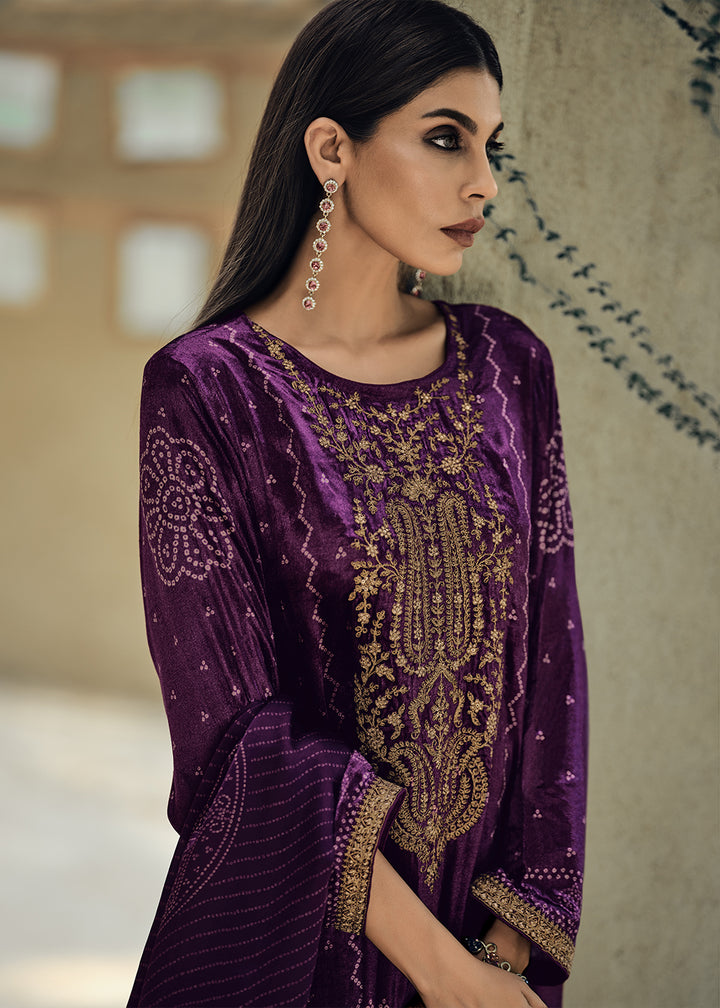 Indigo Purple Digital Bandhani Printed Velvet Suit Featuring Embroidery