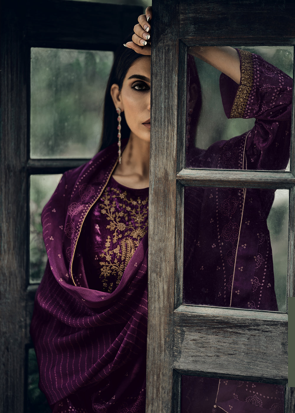 Indigo Purple Digital Bandhani Printed Velvet Suit Featuring Embroidery