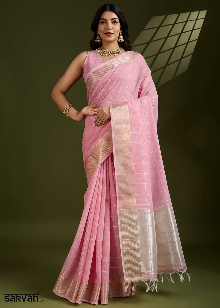 Flamingo Pink Soft Silk Saree with All Over Zari Woven Patterns