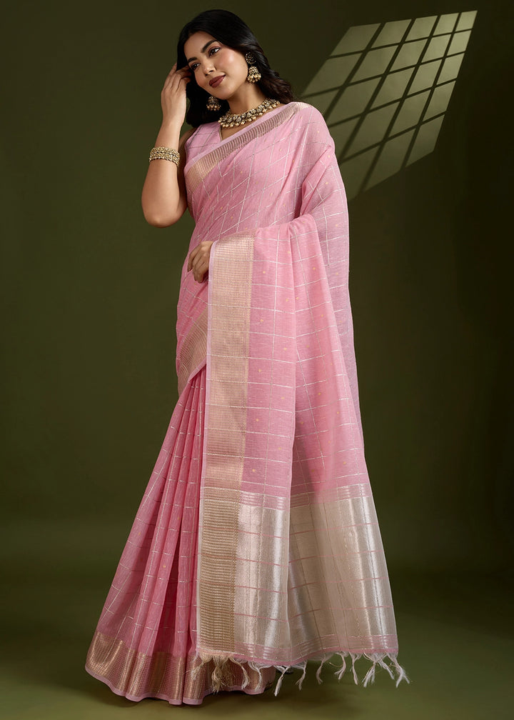 Flamingo Pink Soft Silk Saree with All Over Zari Woven Patterns