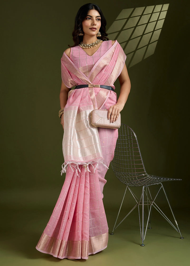 Flamingo Pink Soft Silk Saree with All Over Zari Woven Patterns