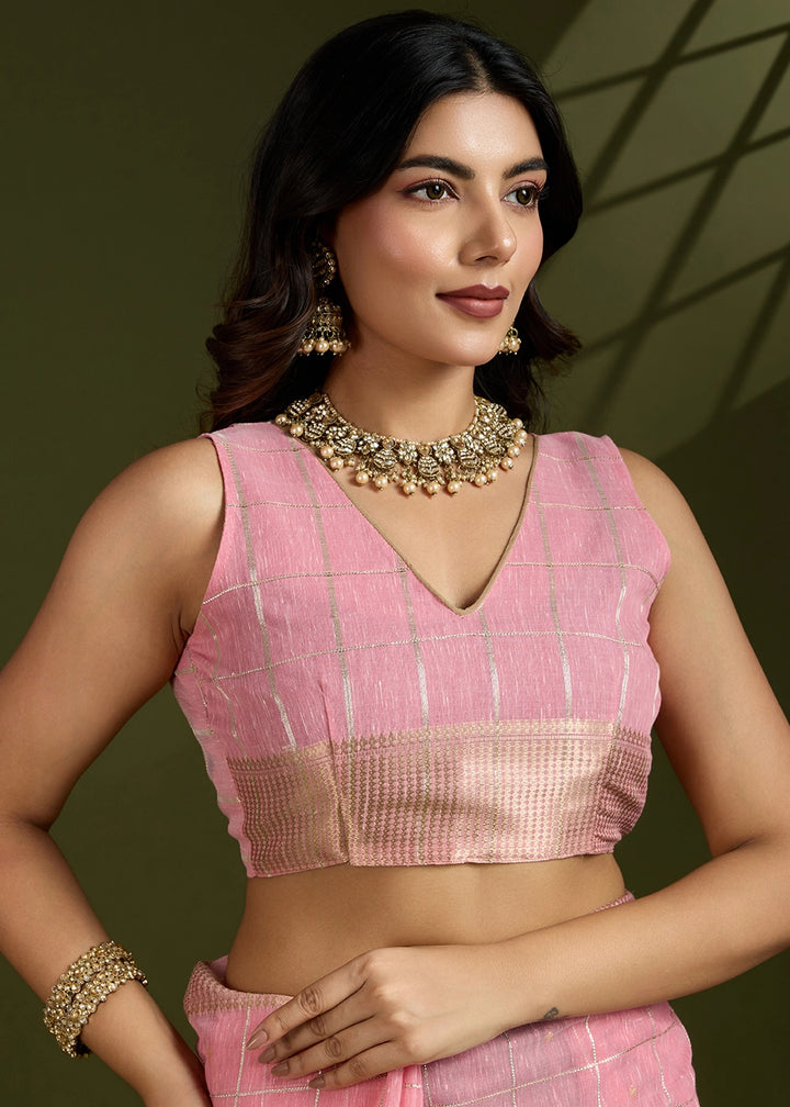 Flamingo Pink Soft Silk Saree with All Over Zari Woven Patterns