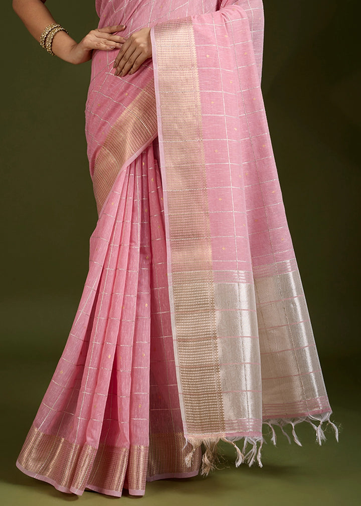 Flamingo Pink Soft Silk Saree with All Over Zari Woven Patterns