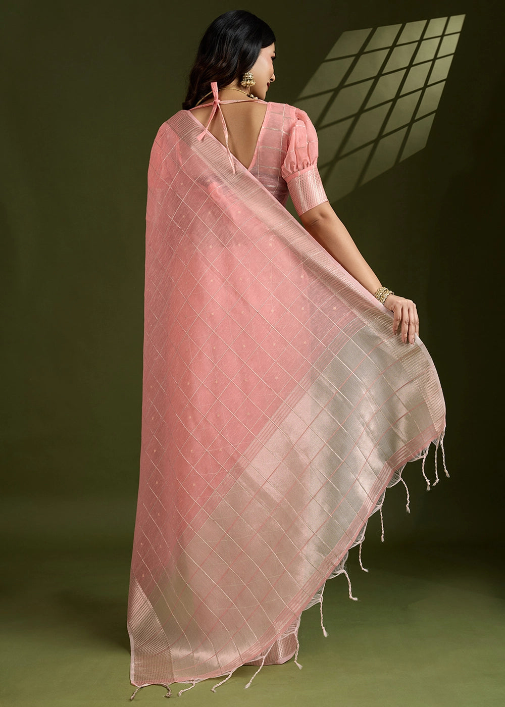 Peach Pink Soft Silk Saree with All Over Zari Woven Patterns