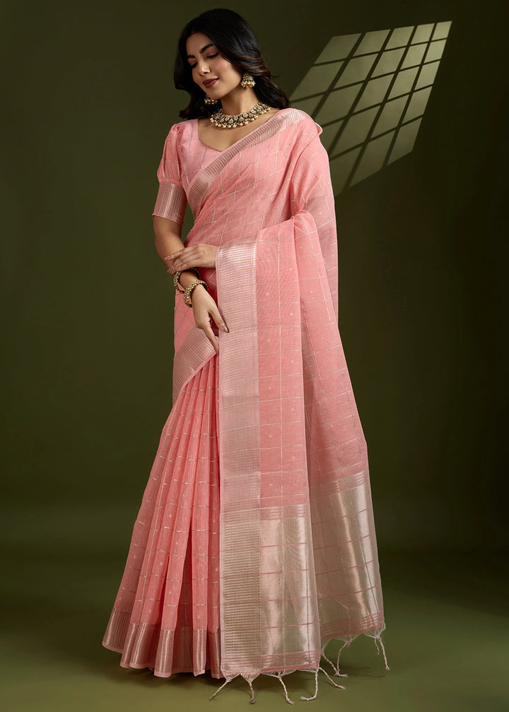 Peach Pink Soft Silk Saree with All Over Zari Woven Patterns