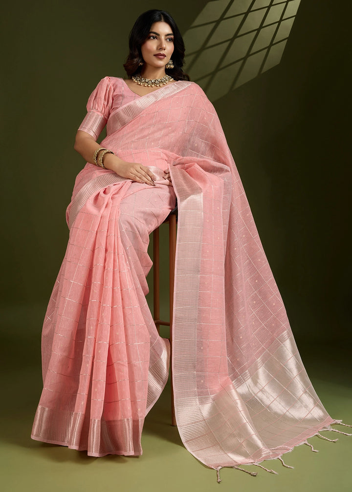 Peach Pink Soft Silk Saree with All Over Zari Woven Patterns