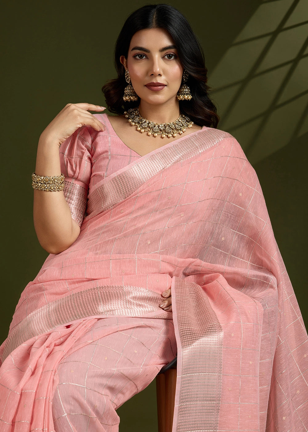 Peach Pink Soft Silk Saree with All Over Zari Woven Patterns