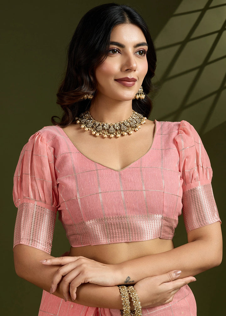Peach Pink Soft Silk Saree with All Over Zari Woven Patterns