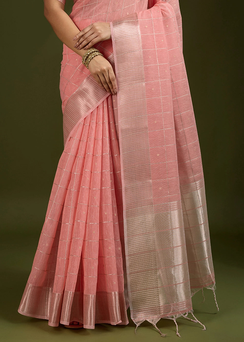 Peach Pink Soft Silk Saree with All Over Zari Woven Patterns