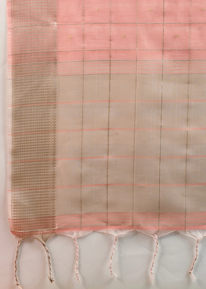 Peach Pink Soft Silk Saree with All Over Zari Woven Patterns