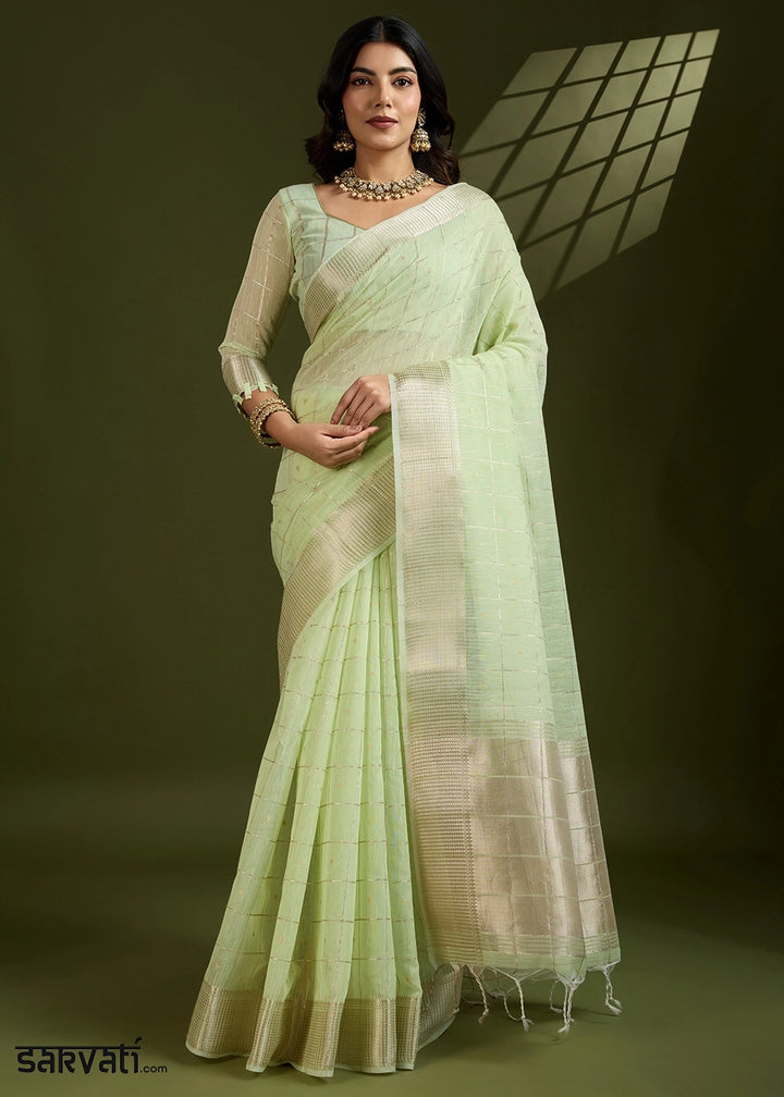 Light Green Soft Silk Saree with All Over Zari Woven Patterns