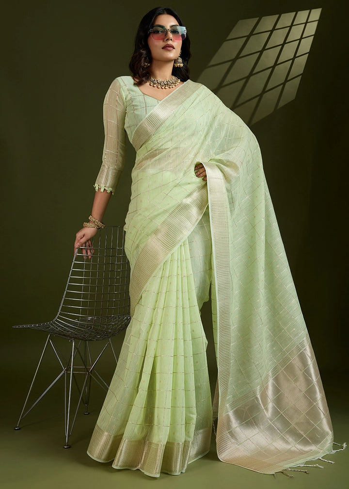 Light Green Soft Silk Saree with All Over Zari Woven Patterns