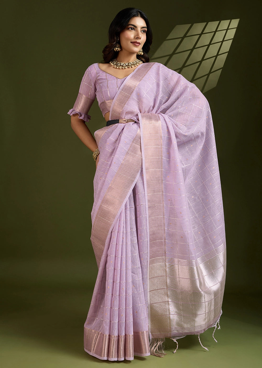 Pastel Purple Soft Silk Saree with All Over Zari Woven Patterns