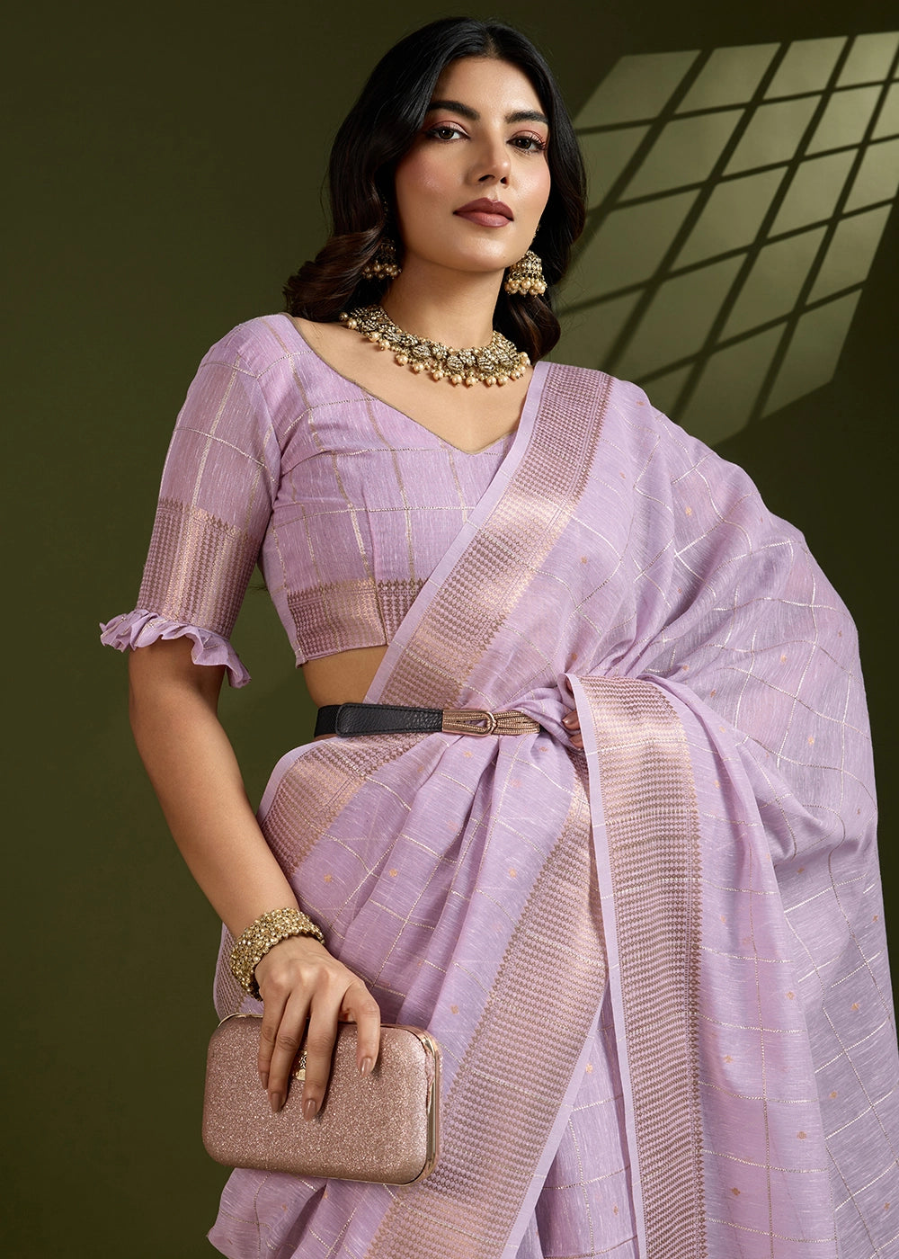 Pastel Purple Soft Silk Saree with All Over Zari Woven Patterns