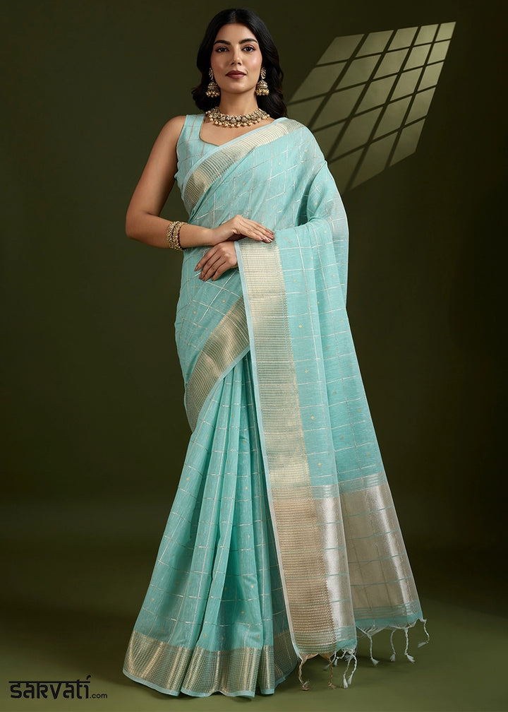 Sea Green Soft Silk Saree with All Over Zari Woven Patterns