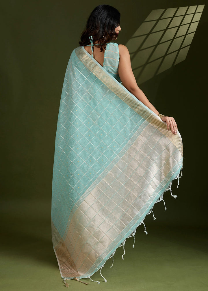 Sea Green Soft Silk Saree with All Over Zari Woven Patterns