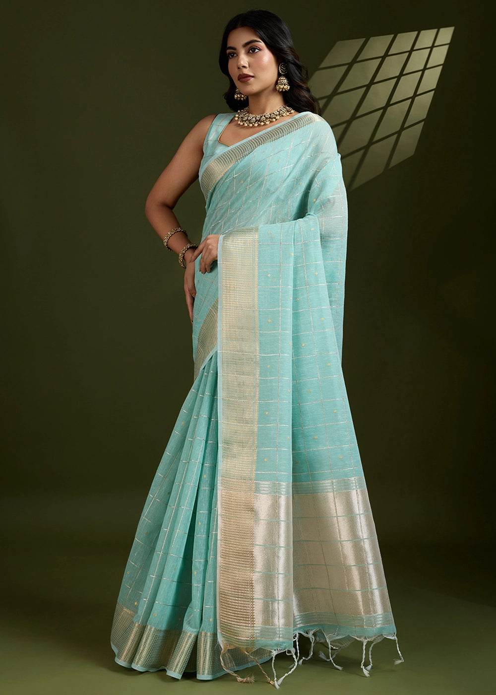 Sea Green Soft Silk Saree with All Over Zari Woven Patterns